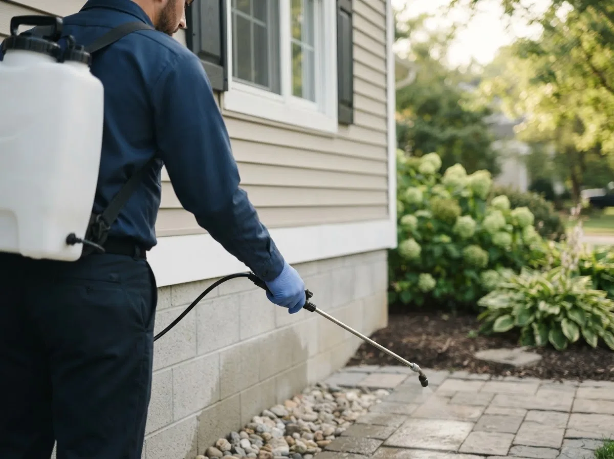 Pest control technician inspecting a home in Obernburg, NY
